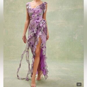 Fairy Lavender Asymmetrical Ruffle Maxi Dress with Side Slit Y2K